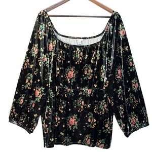 Cato‎ Blouse 22W/24W Black Velvet Floral Whimsigoth Peasant Top Square Neck